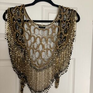 Sharmark black&gold beaded fringed shawl